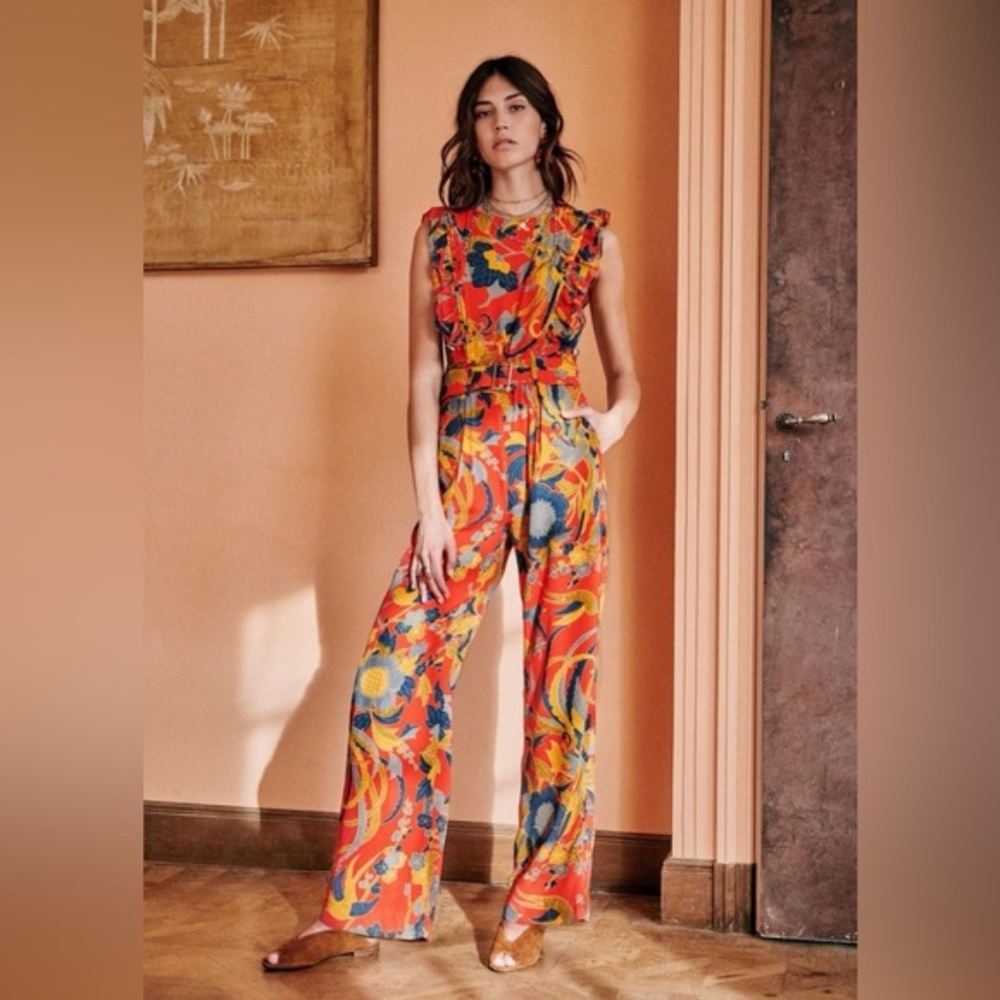Sezane Dalina Jumpsuit Fleurs Multico Fond Orange - Size 36